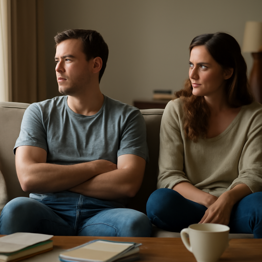 Una pareja en una sala de estar, atrapada en un momento de tensión no dicha y distancia emocional.