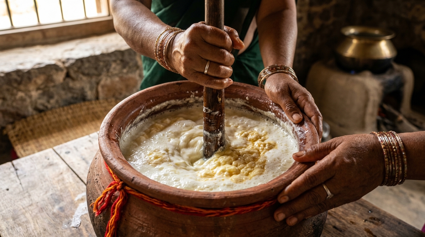 Authentic traditional wooden Valona Bilona churning of rich cultured dahi inside an earthen clay pot