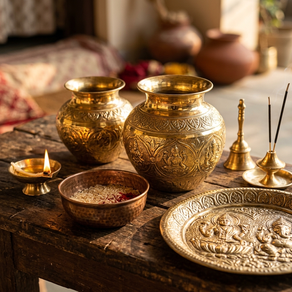 Gleaming handcrafted traditional brass kalash, bowls, and vessels
