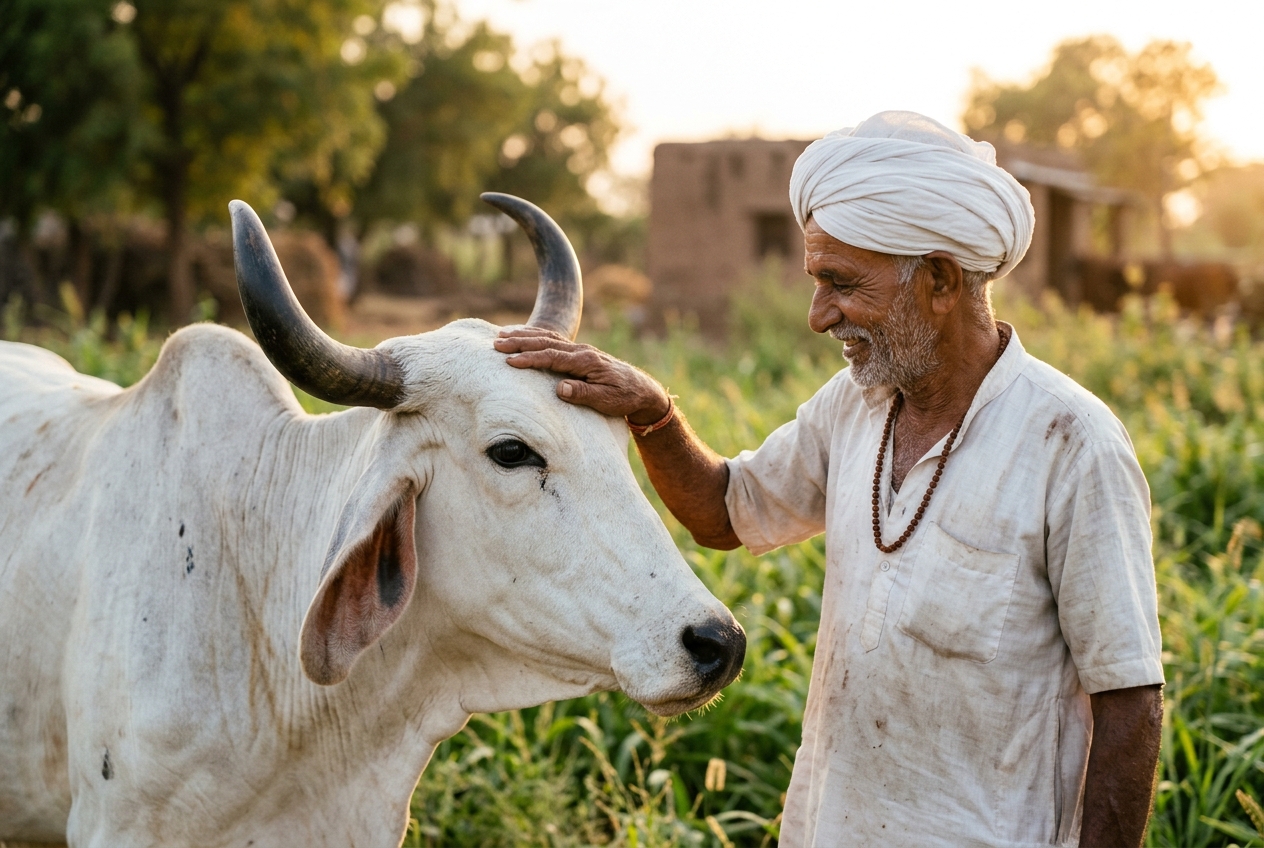 Elderly Indian Farmer affectionately caressing sacred white Gir cow in open green farm pasture