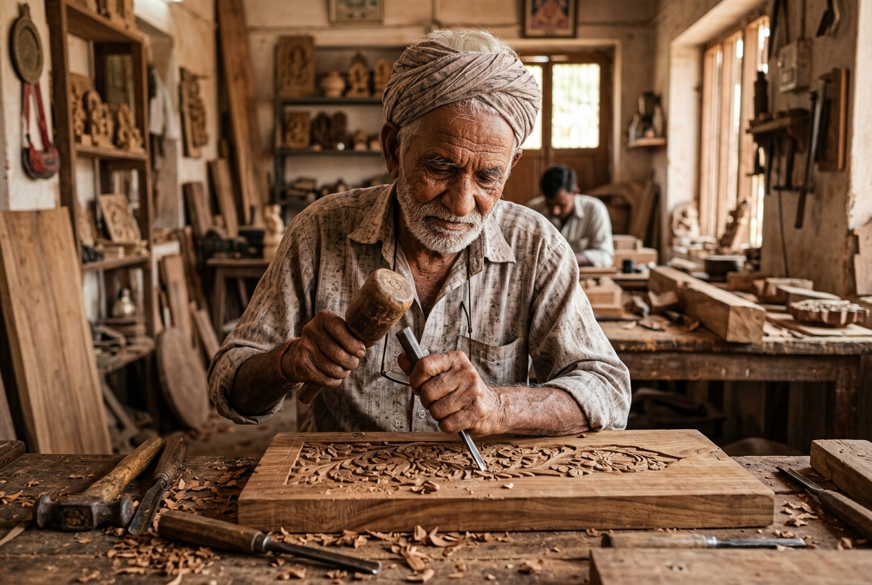 Master Indian woodcraft artisan carving ornate wooden temple panel in workshop
