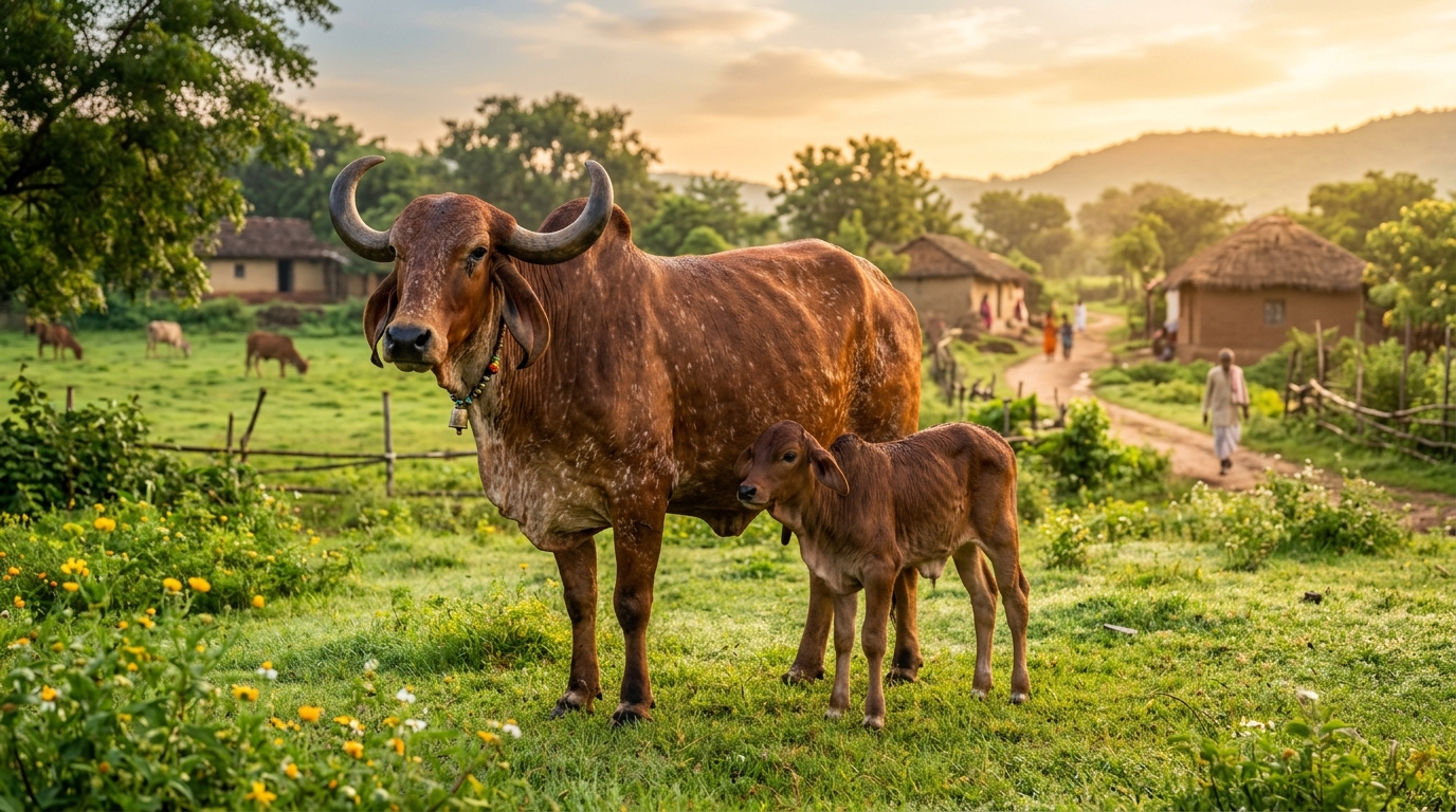 Mother Gir Cow and gentle calf standing in sunlit open pasture near Indian village cottages