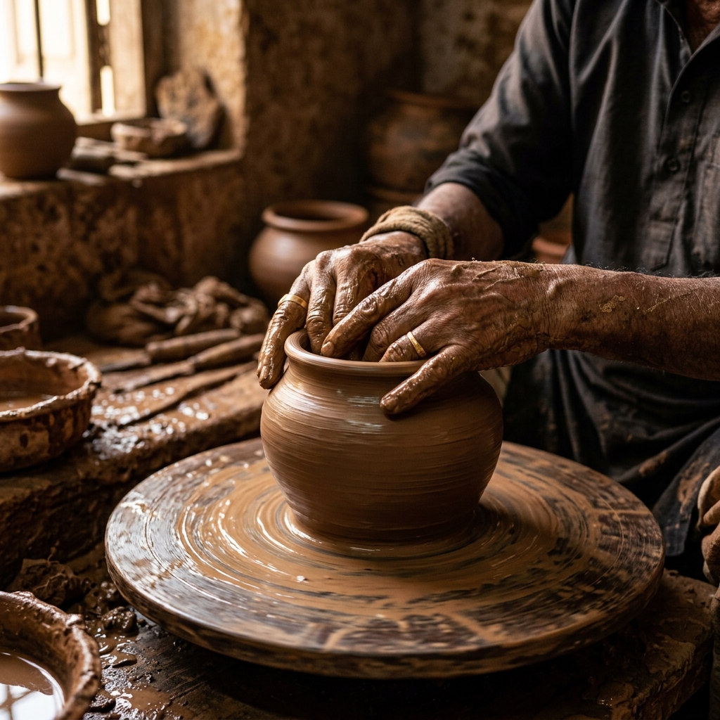 Artisan hands shaping an earthen pot on a spinning pottery wheel