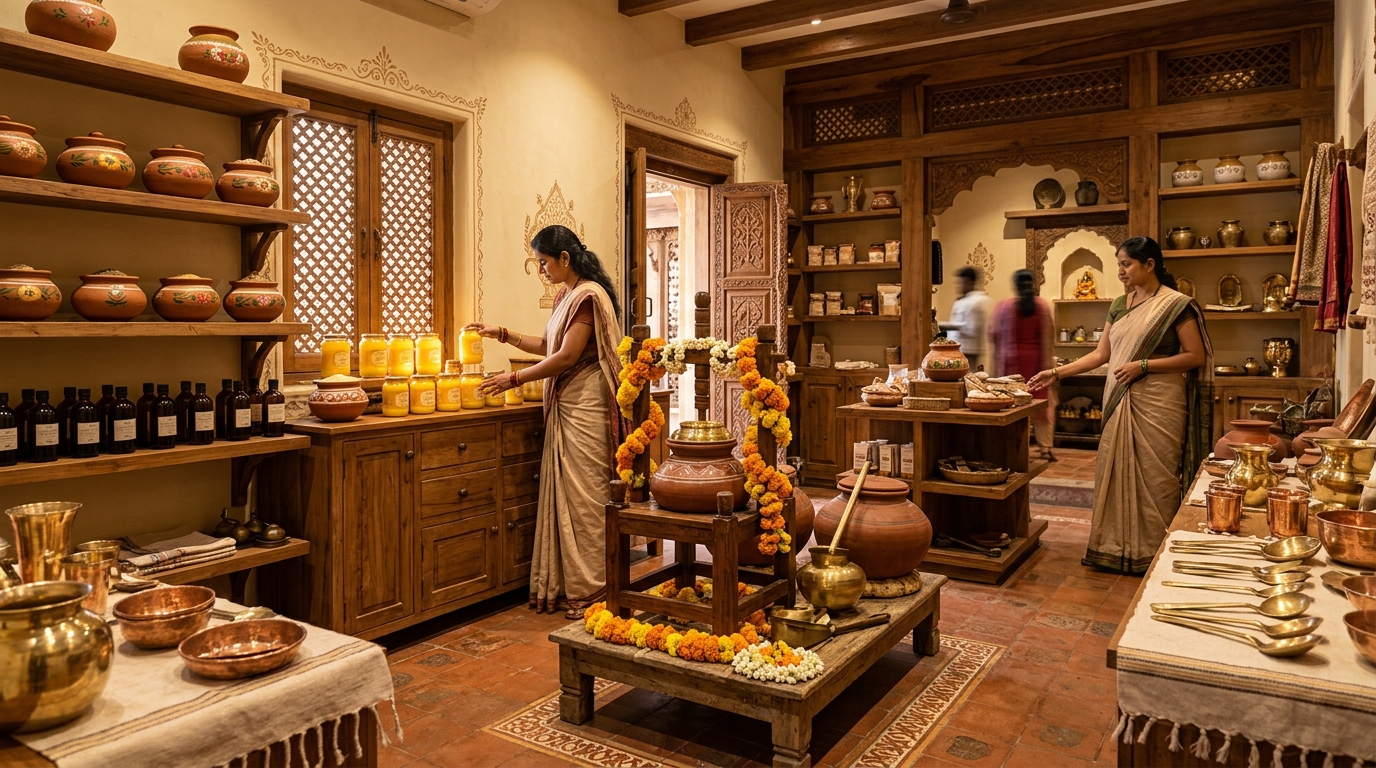 Authentic traditional interior of Vaidik Parampara Experience Center in Surat with wooden shelves, brass vessels and valona churning