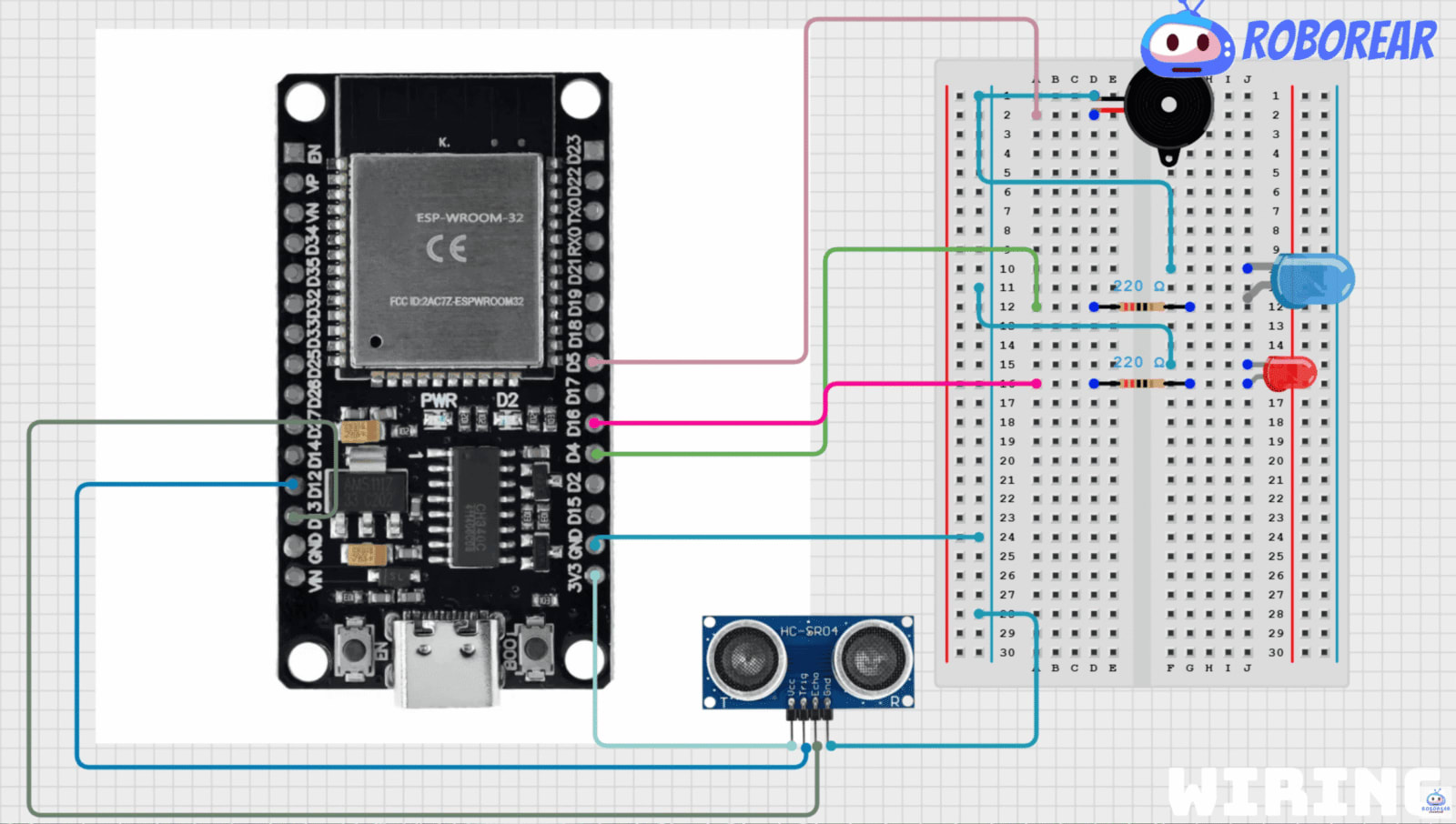 ESP32 distance alarm circuit diagram using HC-SR04 ultrasonic sensor, LEDs, and a buzzer on a breadboard.
