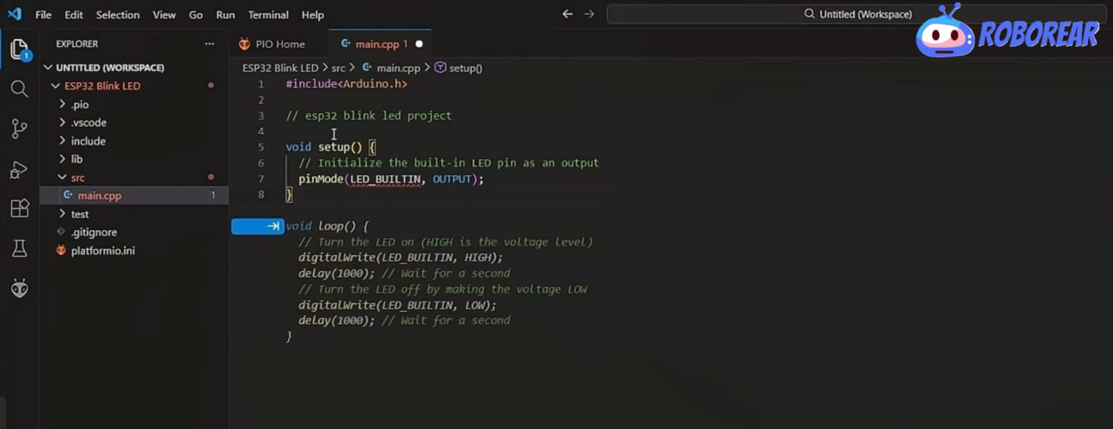 A screenshot of Visual Studio Code showing a C++ blink sketch for an ESP32 project within the PlatformIO environment, featuring the main.cpp file and project explorer.