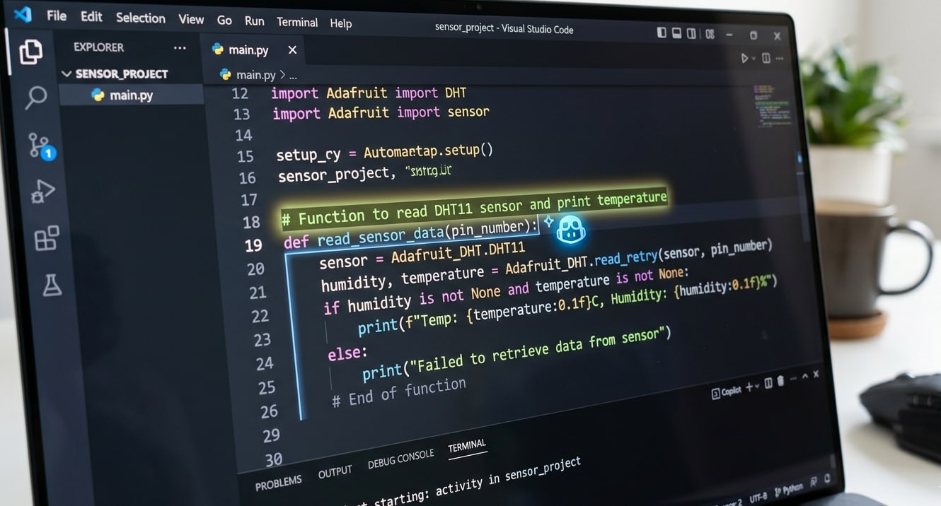 A laptop screen displaying a Python script titled "main.py" within Visual Studio Code. The code features a function called read_sensor_data designed to interact with a DHT11 sensor using the Adafruit library. A comment highlighted in yellow reads, "# Function to read DHT11 sensor and print temperatu