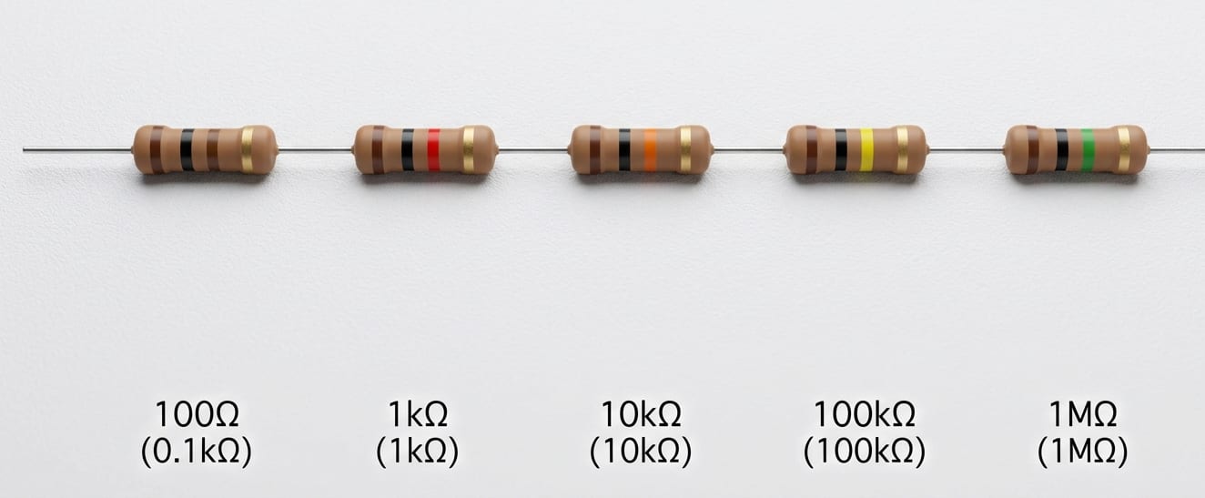 A row of five resistors showing different resistor color codes for values of 100 Ohms, 1k Ohm, 10k Ohms, 100k Ohms, and 1M Ohm against a white background.