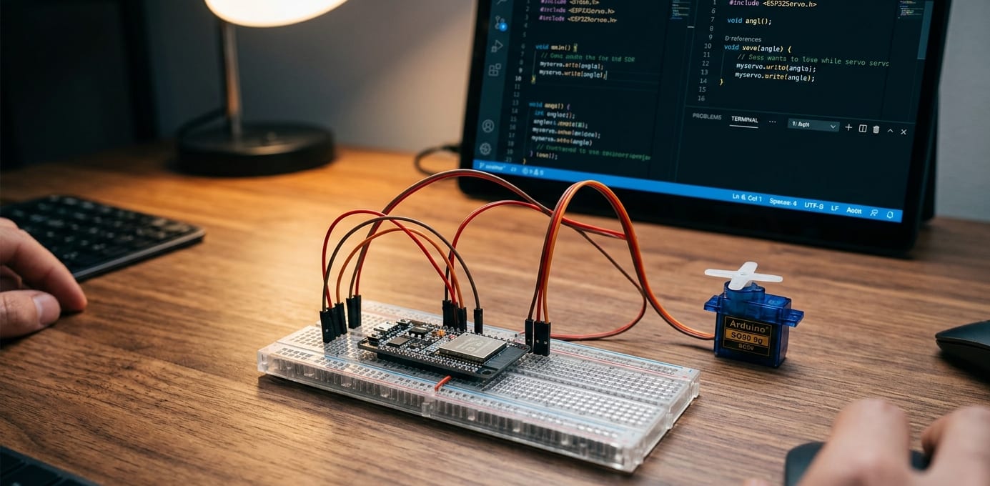 A high-angle shot of a desktop workspace showing an ESP32 microcontroller on a transparent breadboard connected to a blue SG90 micro servo. In the background, a large monitor displays VS Code with C++ code specifically written to control servo motor functions using the ESP32Servo library.