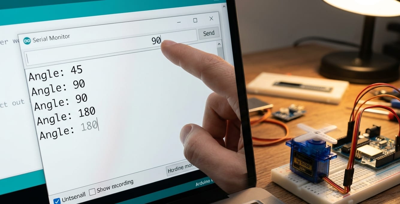 A close-up of a laptop screen showing the Arduino Serial Monitor window where the value "90" is being entered into the input field. The output log shows a history of angles including 45, 90, and 180 degrees. To the right of the laptop, an SG90 micro servo motor is wired to a microcontroller on a whi