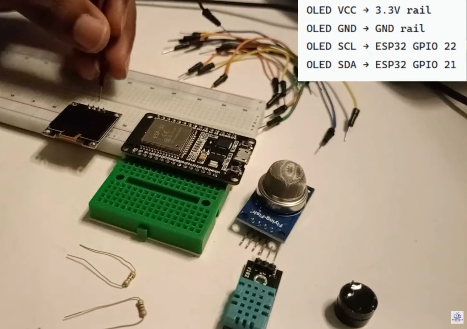 A hand places a jumper wire into a white breadboard next to a small OLED display and an ESP32 microcontroller. The workspace includes an MQ gas sensor, a DHT temperature sensor, resistors, and a buzzer. An inset box provides the specific OLED I2C pinout: VCC to 3.3V, GND to GND, SCL to GPIO 22, and 