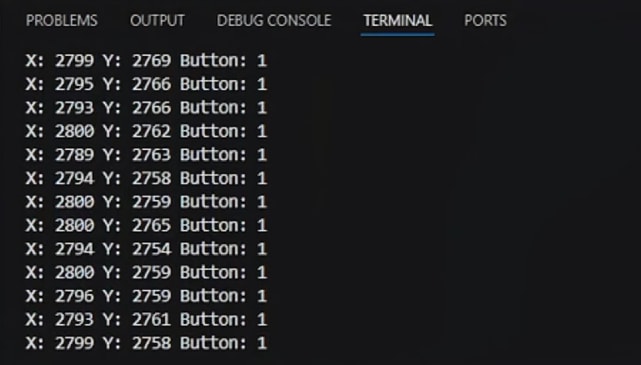 A screenshot of a dark-themed integrated development environment (IDE) terminal window showing a continuous stream of data. Each line displays X and Y axis coordinate values along with a "Button: 1" status, representing real-time input from a Joystick with ESP32.