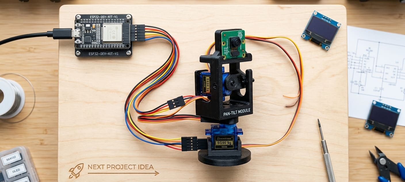 A top-down view of an electronics workbench featuring an ESP32-Dev-Kit-V1 connected to a 3D-printed pan-tilt module. The module holds a small camera and is powered by two blue micro servos. Nearby are an OLED display, a schematic diagram, and various assembly tools on a wooden board labeled "Next Pr
