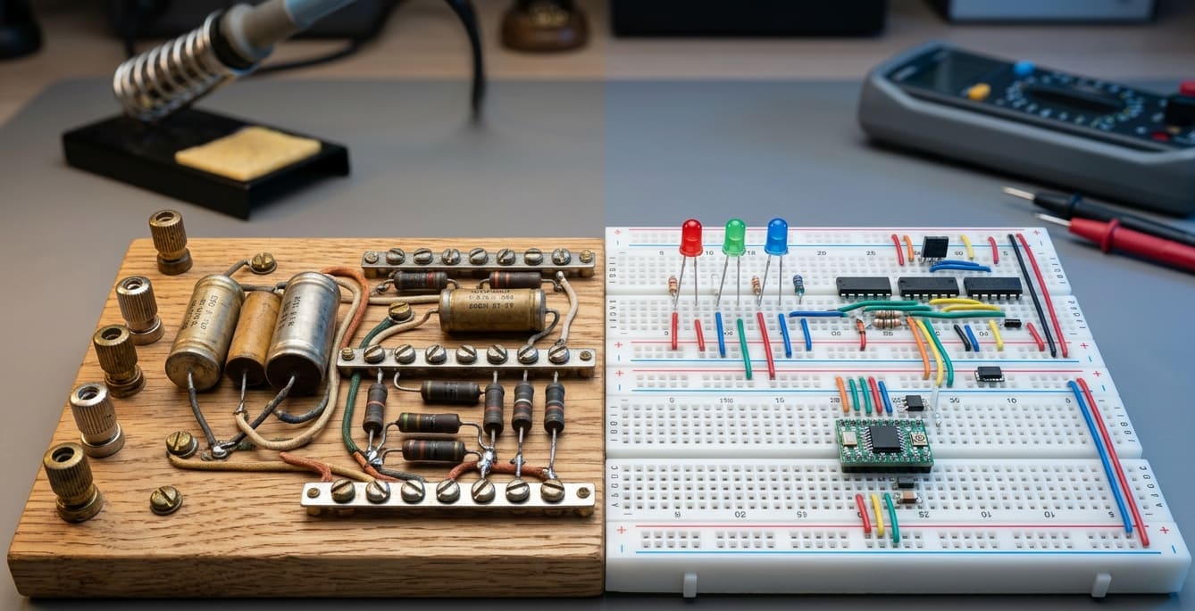 A side-by-side comparison of an old-fashioned wooden circuit board with large capacitors and a modern white breadboard featuring LEDs and microchips for an electronics tutorial.