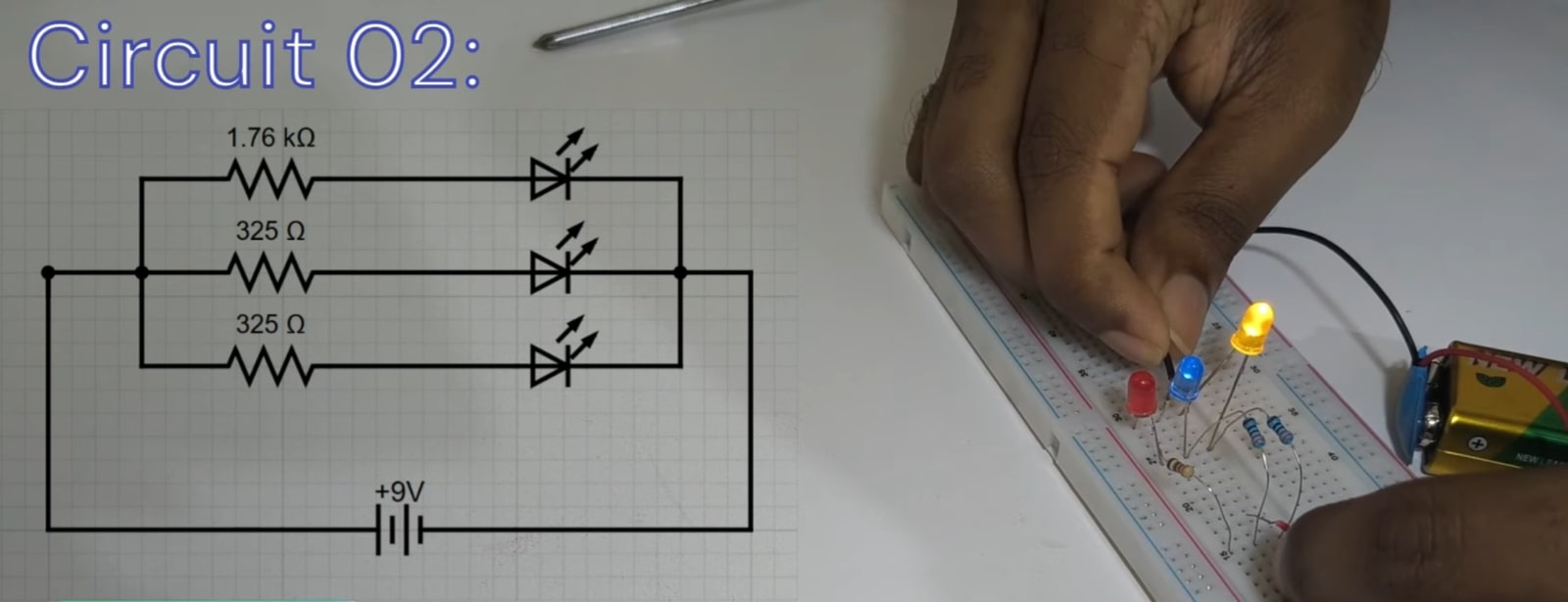 A side-by-side view of a parallel circuit schematic with three LEDs and resistors alongside its physical assembly on a white breadboard powered by a 9V battery for a breadboard tutorial.
