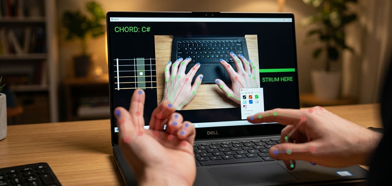 A first-person view of a developer using a Dell laptop to run an "Air Guitar" program. On the screen, a real-time camera feed tracks the user's hands with colored skeletal overlays. The software interface displays "CHORD: C#" and a virtual fretboard on the left, with a "STRUM HERE" indicator on the