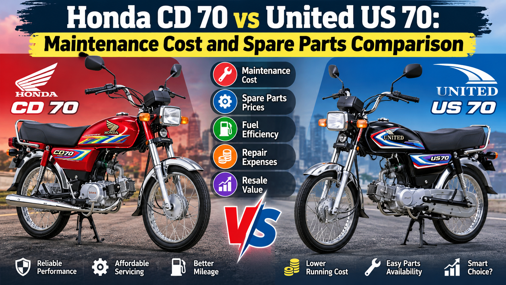 Honda CD 70 vs United US 70 maintenance cost and spare parts comparison in Pakistan