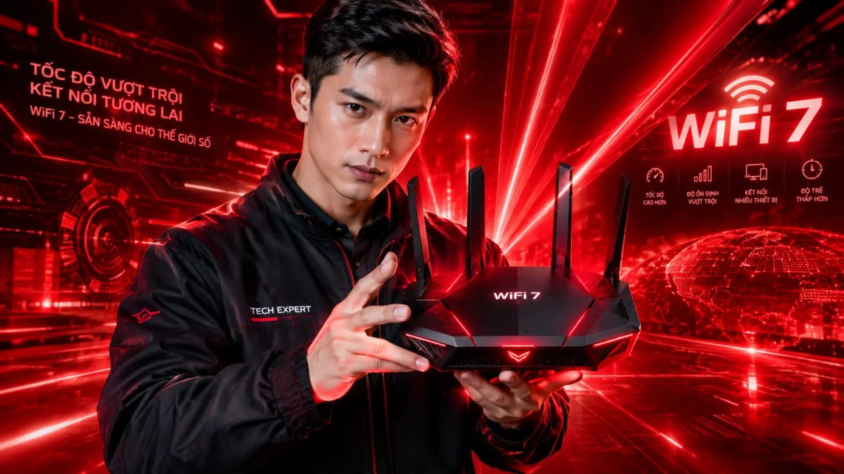 Modem WiFi 7 của gói GIGA1 Viettel tốc độ 1Gbps đặt trong phòng làm việc