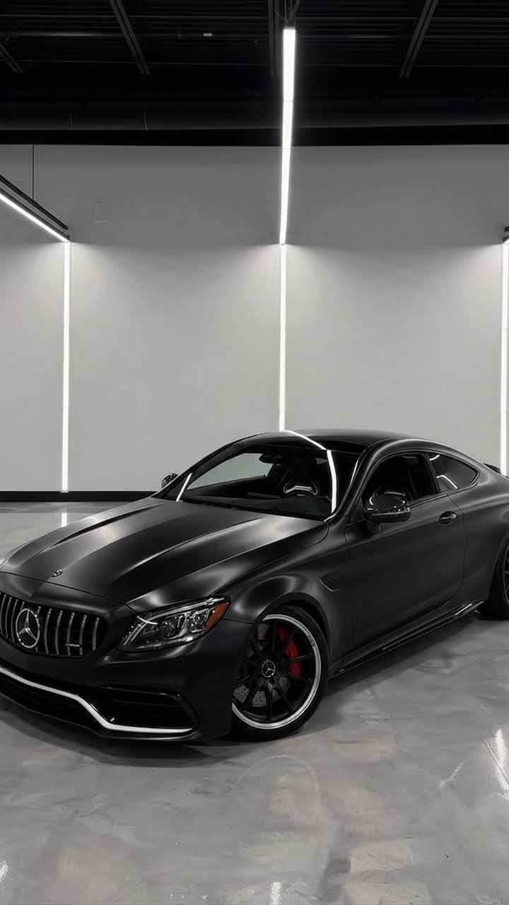 A matte black coupe in a bright studio lit by strips of white light.