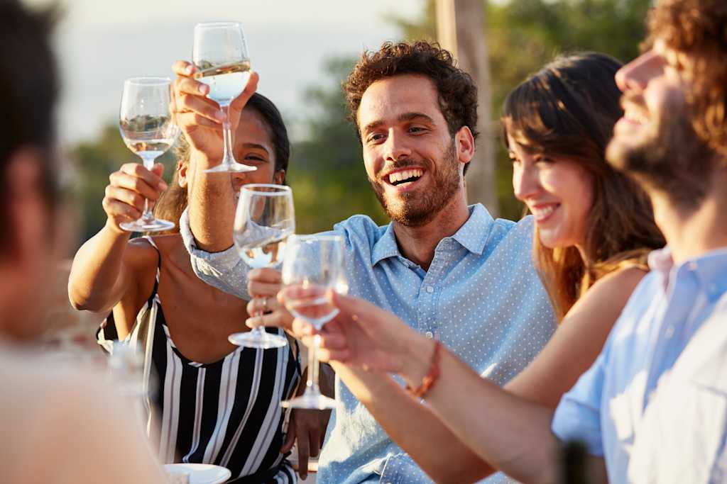 Happy male and female friends toasting wine glasses at party