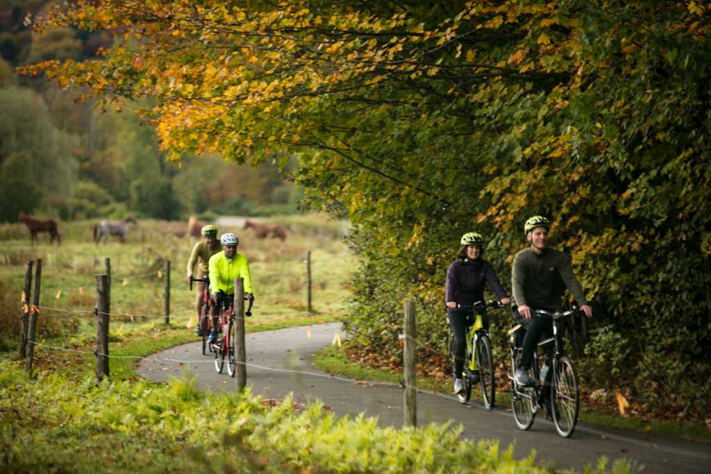 VBT Fall 2019 Photoshoot Four guests biking on Stowe bike path by JAM Creative
