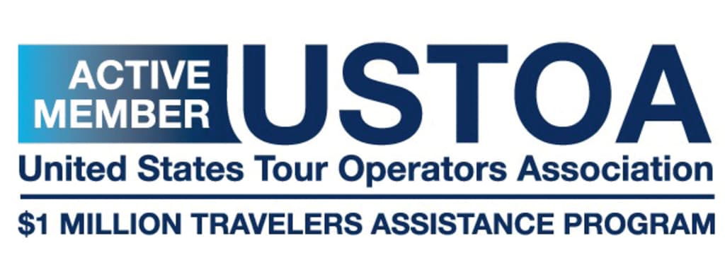 The image displays the logo of the United States Tour Operators Association (USTOA), which is a trade organization representing tour operators in the United States. The logo features the text "ACTIVE MEMBER USTO" in large, bold letters against a dark blue background.