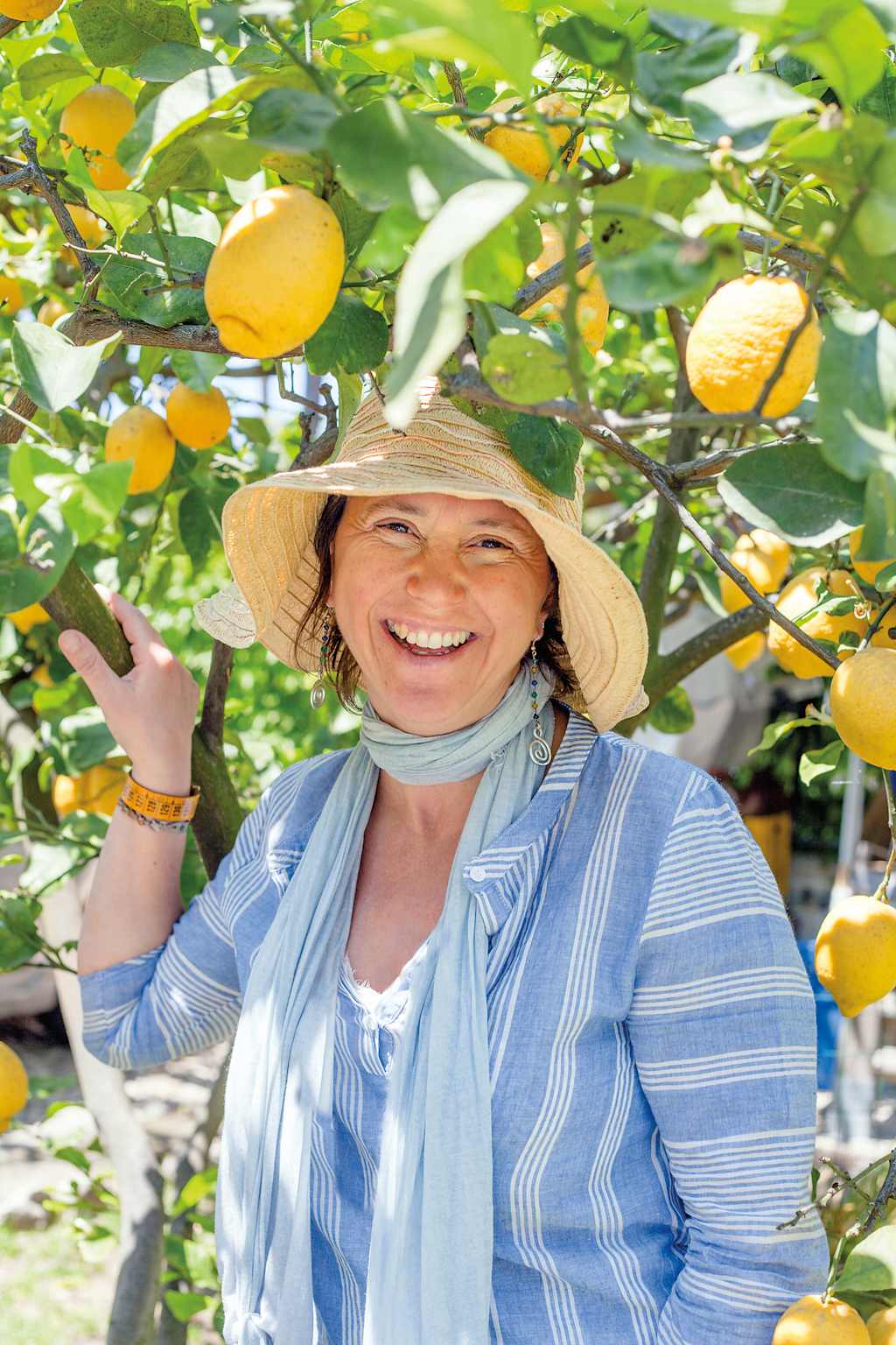 A smiling woman in a straw hat stands among lush green foliage and ripe yellow lemons on the branches around her.