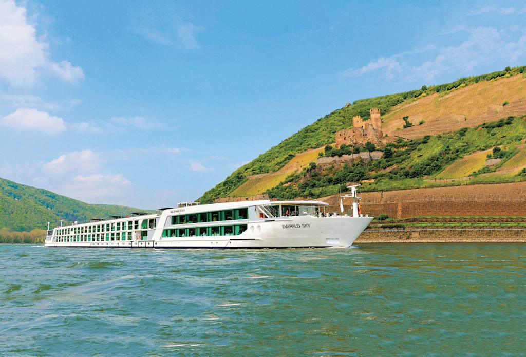 Elegant river cruise ship exterior sailing past vineyard-lined banks.