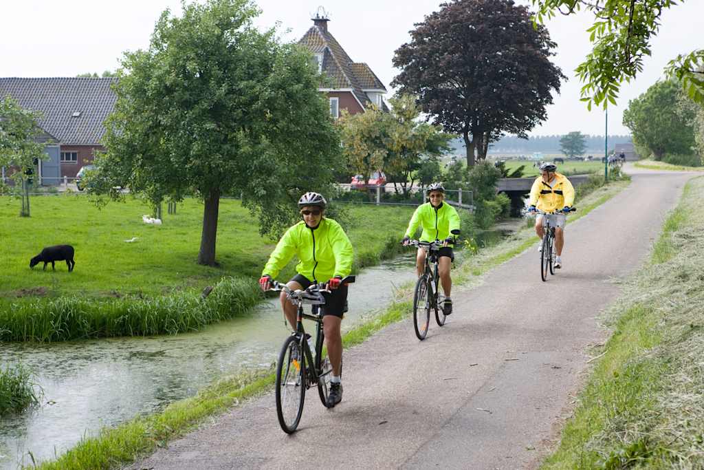 A group of cyclists riding on a dirt path surrounded by lush greenery, including trees and a stream, with a residential building visible in the background.