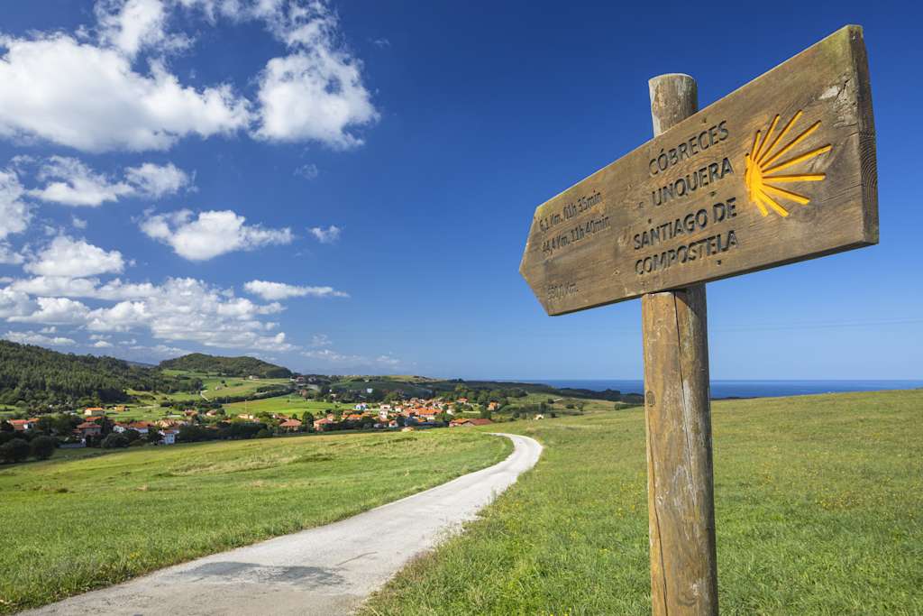 A wooden signpost stands in a grassy field, pointing the way to Santiago de Compostela, with a scenic village nestled in the rolling hills and a blue sky dotted with clouds in the background.