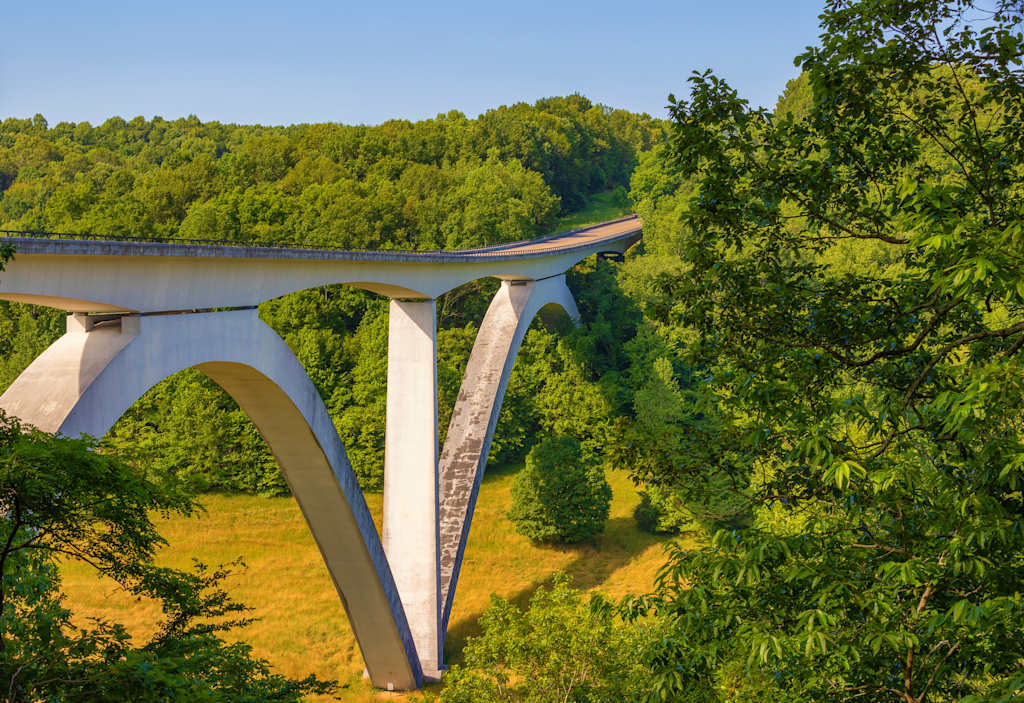 A concrete bridge spans a lush, forested valley, with a river or stream visible below and a vibrant green landscape surrounding the structure.