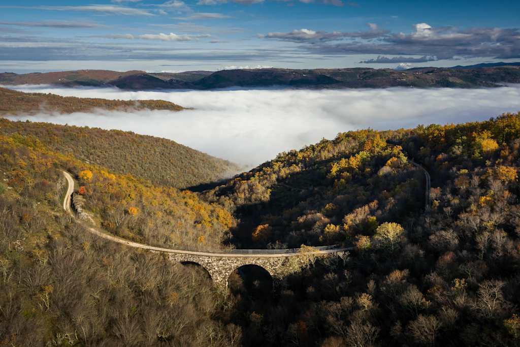 A winding road traverses a mountainous landscape blanketed in autumn foliage, with a sea of clouds filling the valleys below and a clear blue sky overhead.