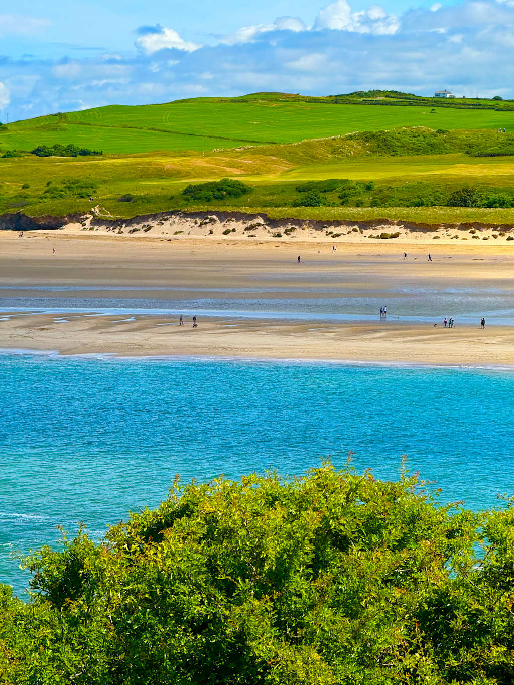 A serene coastal landscape with a sandy beach, lush green hills, and a vibrant blue ocean under a cloudy sky.