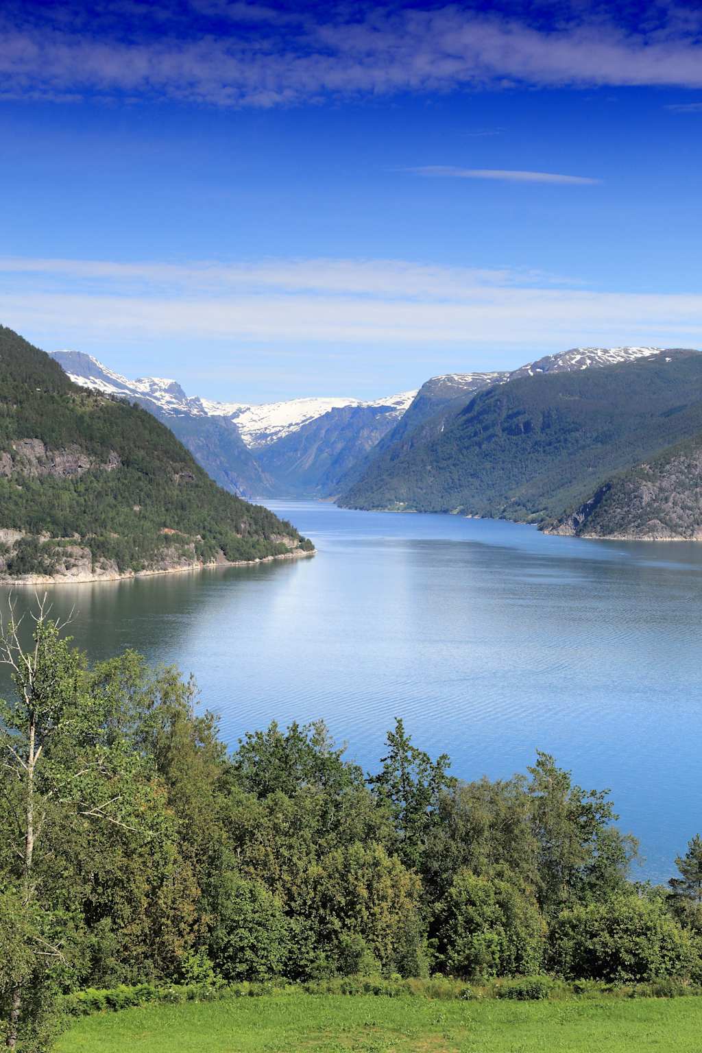 A serene landscape with a tranquil lake surrounded by lush green forests and towering snow-capped mountains under a clear blue sky.