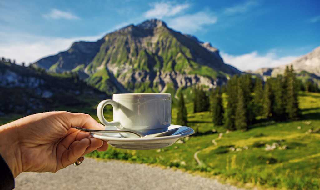 A hand holding a cup of coffee in the foreground, with a majestic, snow-capped mountain range and lush, green meadows in the background.