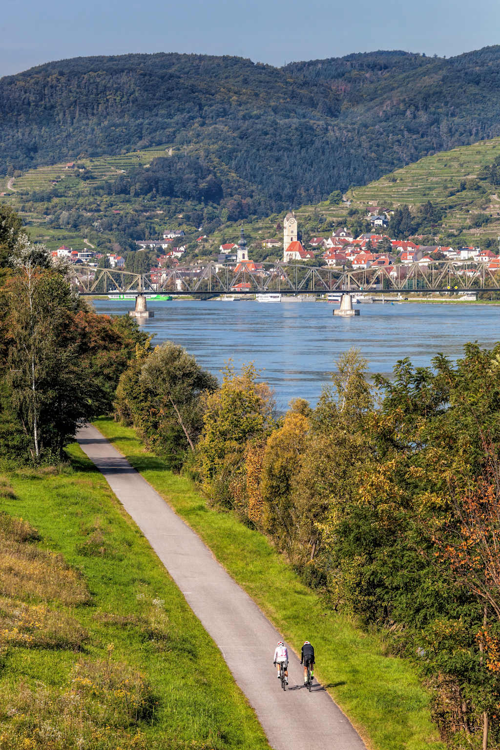 A scenic landscape with a winding path in the foreground, surrounded by lush greenery and a picturesque town nestled along the shores of a tranquil body of water, with mountains rising in the background.