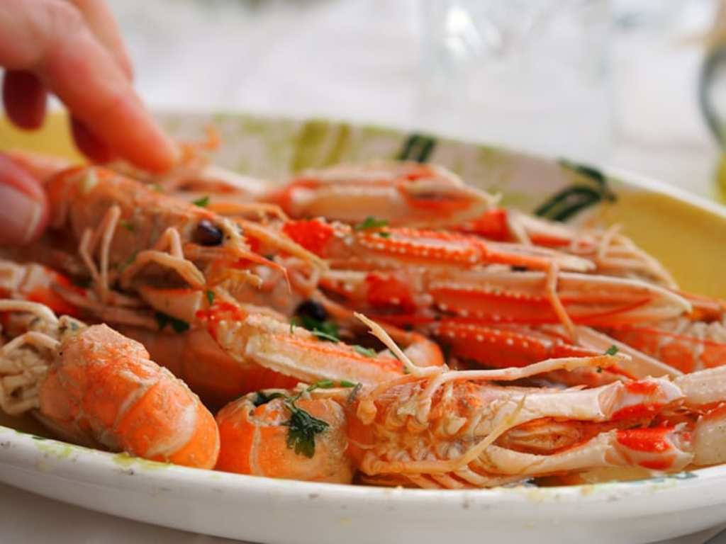 A plate filled with an assortment of cooked seafood, including crab legs, shrimp, and other crustaceans, garnished with fresh herbs and served on a white plate against a blurred background.