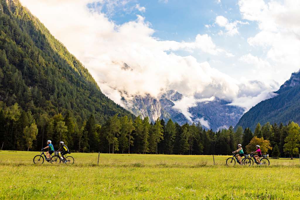 A group of cyclists riding through a lush, green meadow surrounded by towering, snow-capped mountains and dense forests in the background.