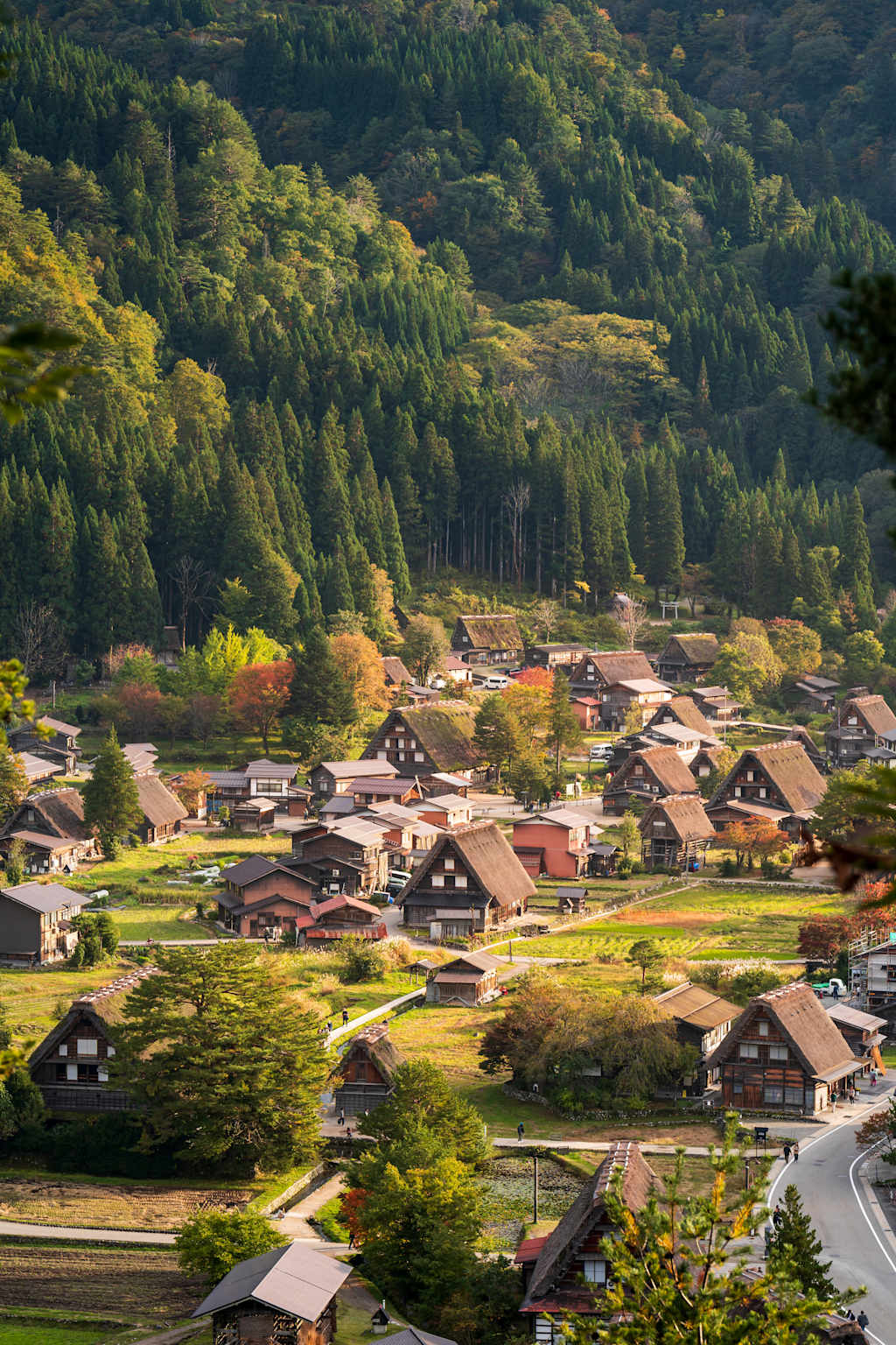 A picturesque village nestled in a lush, forested valley, with traditional Japanese-style houses dotting the landscape and surrounded by vibrant autumn foliage.