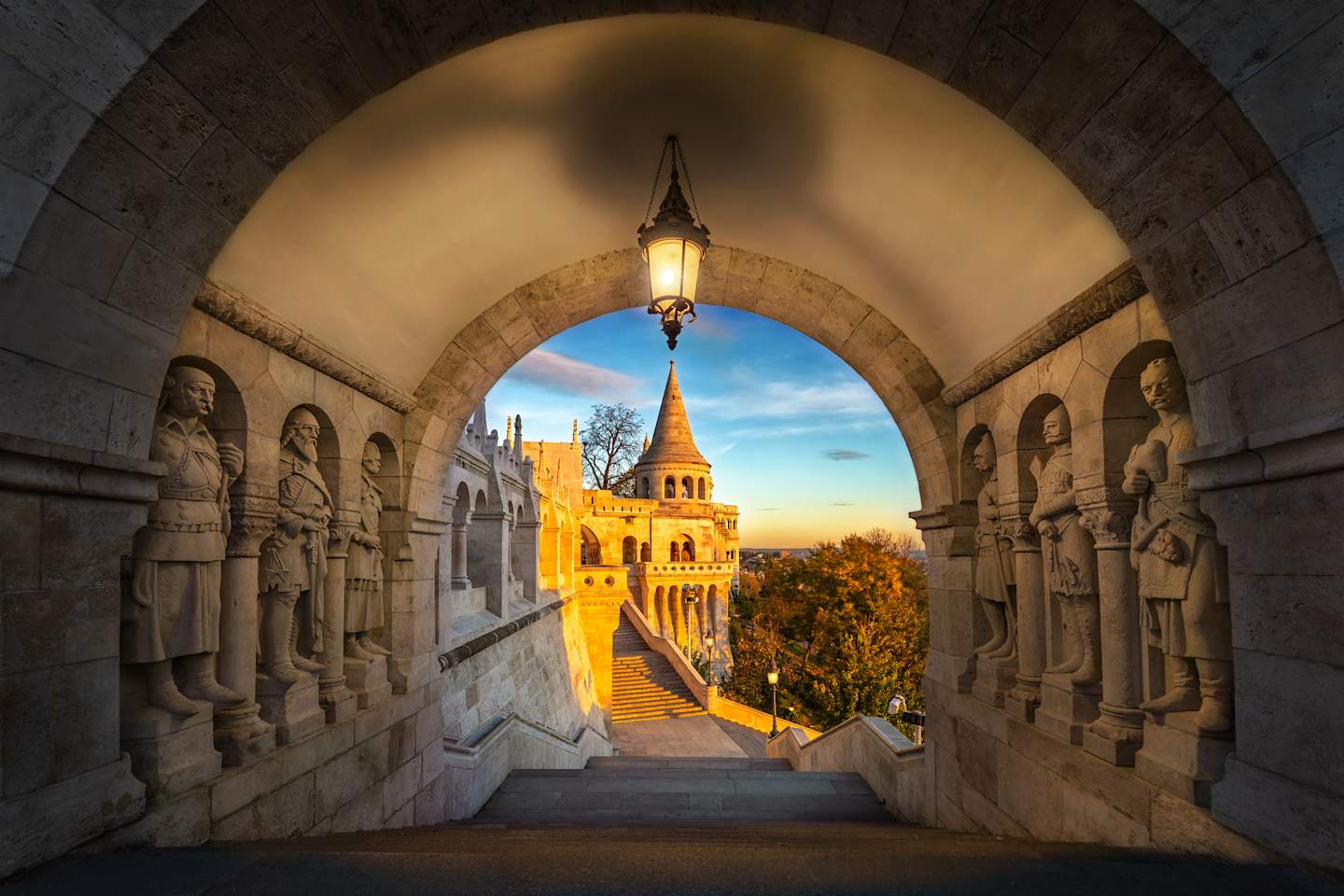 D3B Budapest, Hungary - South entrance of Buda district at sunrise with autumn foliage and beautiful sky