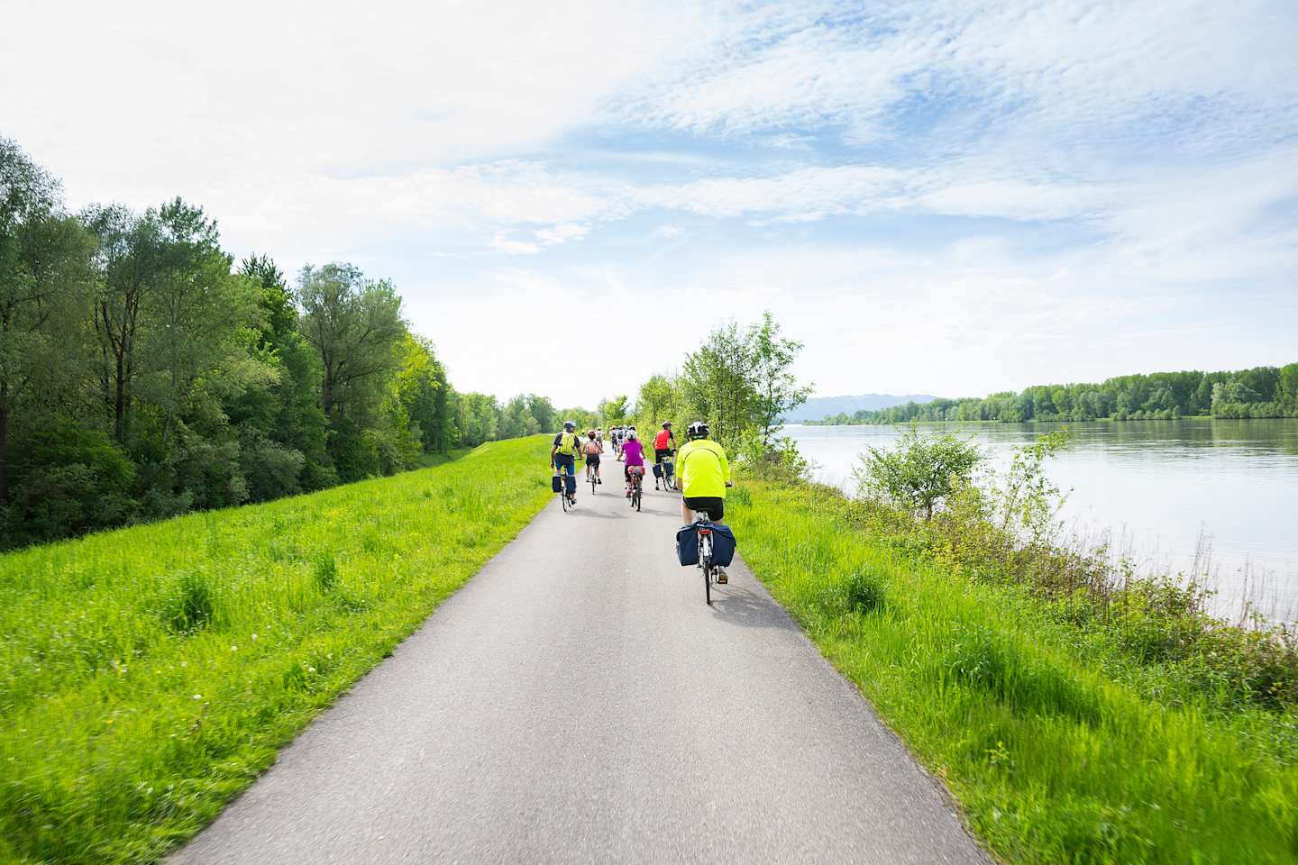 Wachau Valley,Austria-May 8,2015:People are riding bcycle at cycle path near danube river in Austria during a sunny day