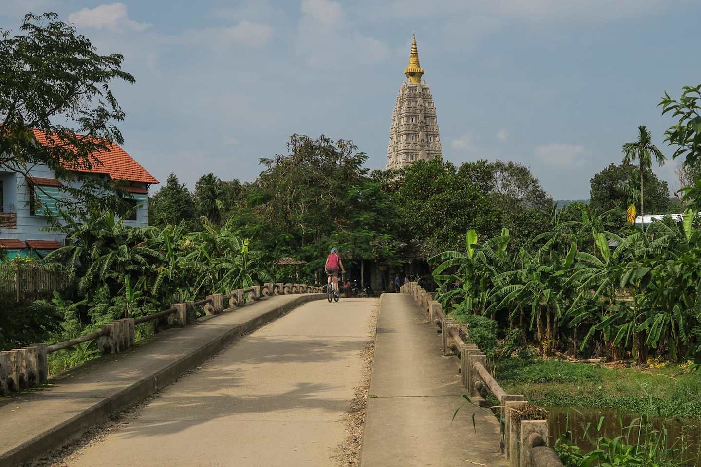 A winding path leads through a lush, tropical landscape towards a towering, golden pagoda in the distance.