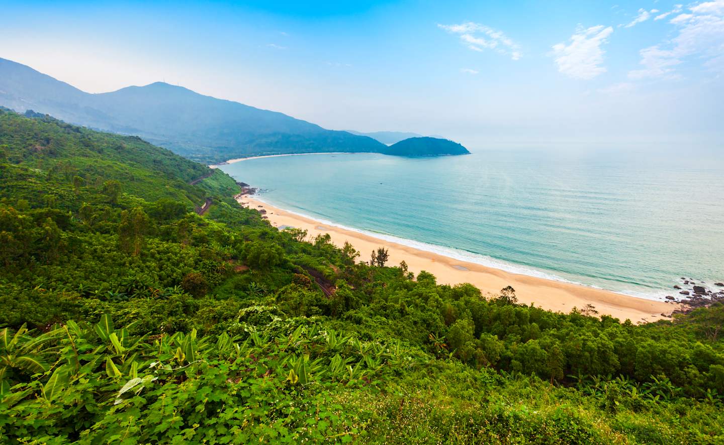 Beauty bay beach aerial panoramic view from the Hai Van Quan pass in Danang city in Vietnam