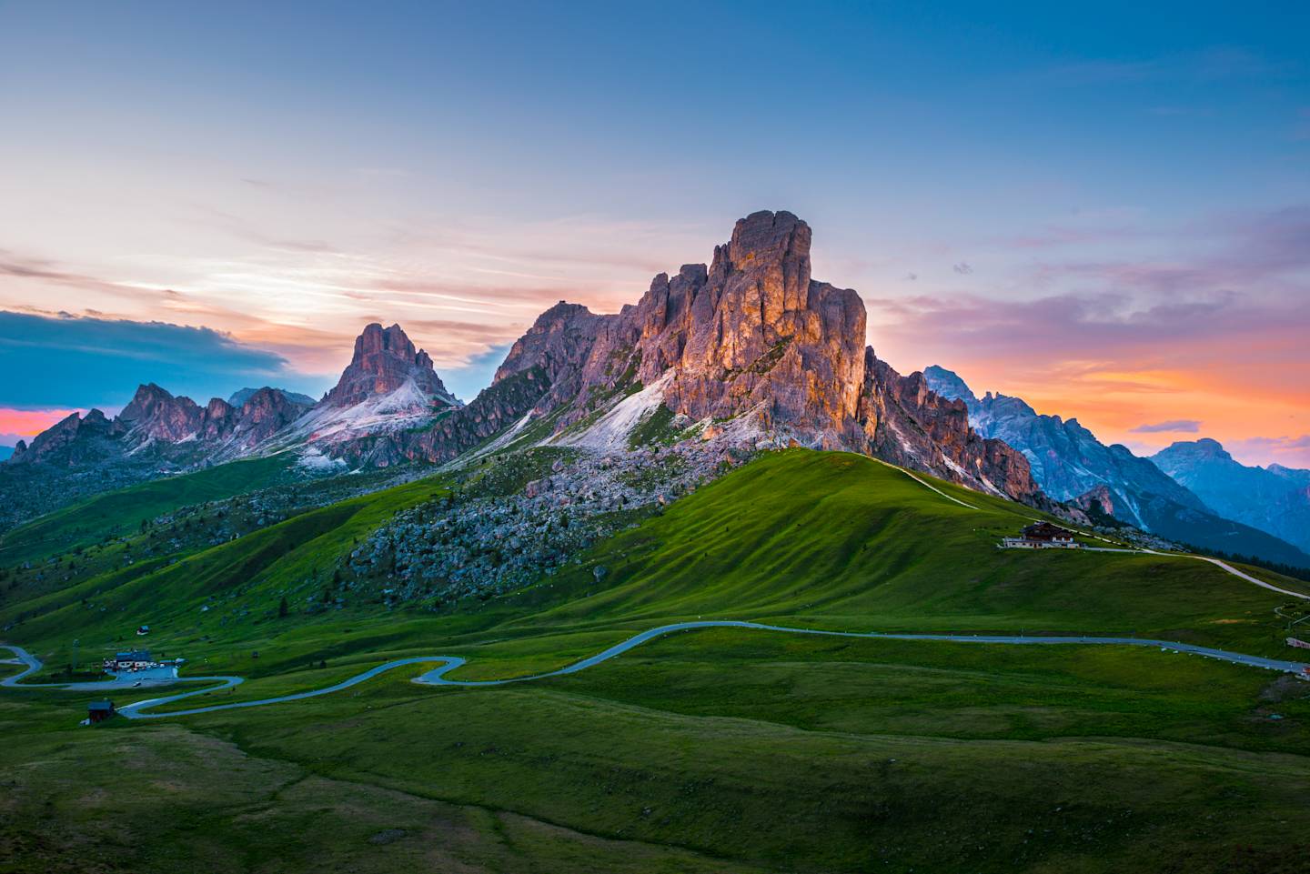 Sunset over Pass Giau. Dolomites alps. Italy