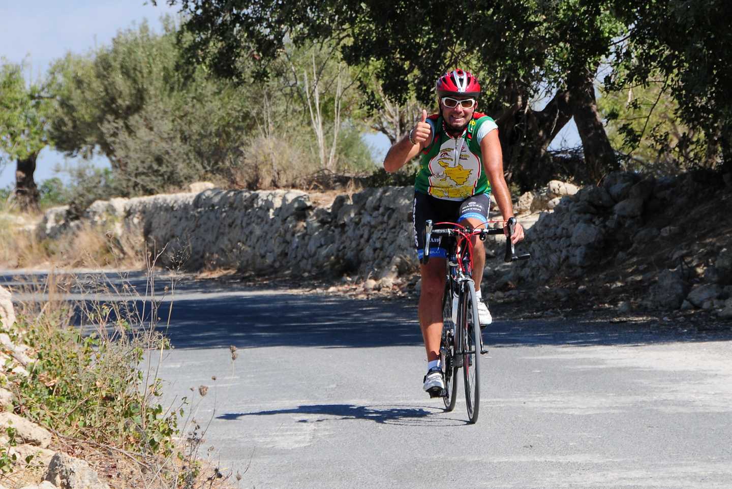 A cyclist in colorful athletic gear rides a road bike on a paved path surrounded by trees and natural scenery.