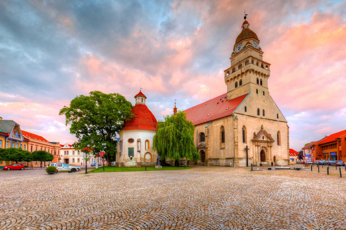 Skalica, Slovakia - June 20, 2016: Church in the main square of Skalica. Image was taken at sunset.