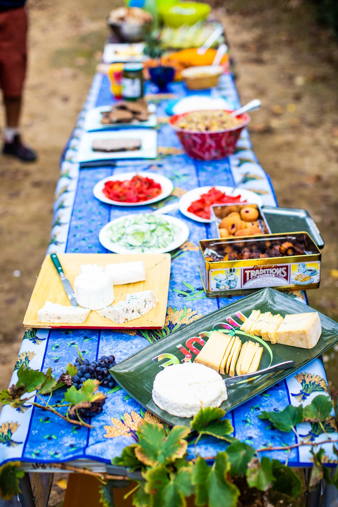 A colorful outdoor table set with various food items, including fresh fruits, vegetables, and other snacks, surrounded by a natural, rustic environment.