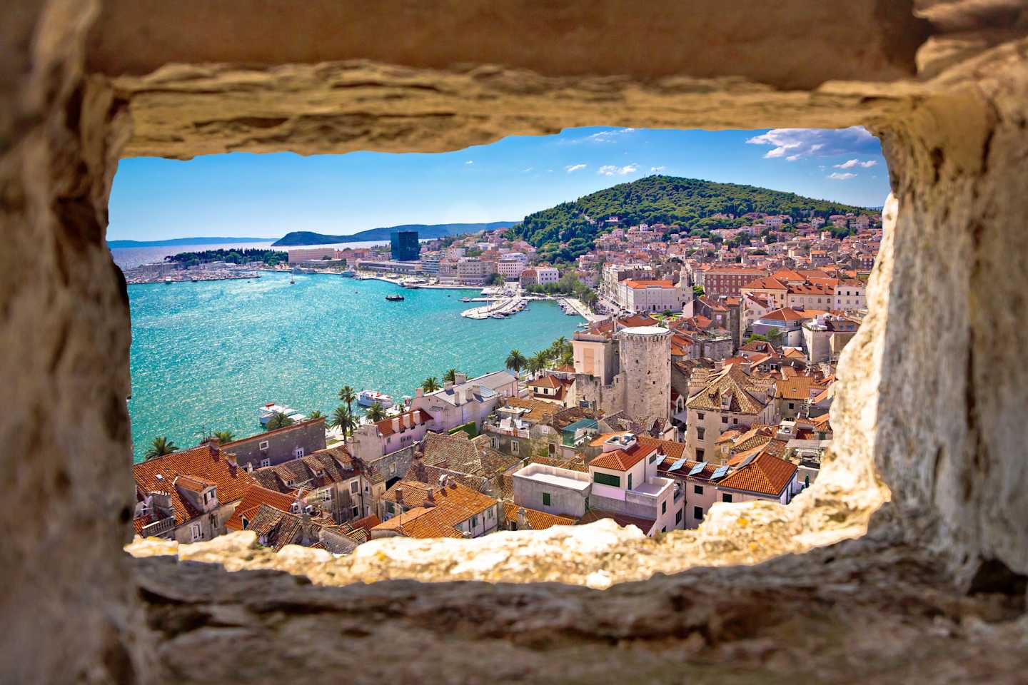 Split  bay aerial view through stone window, Dalmatia, Croatia