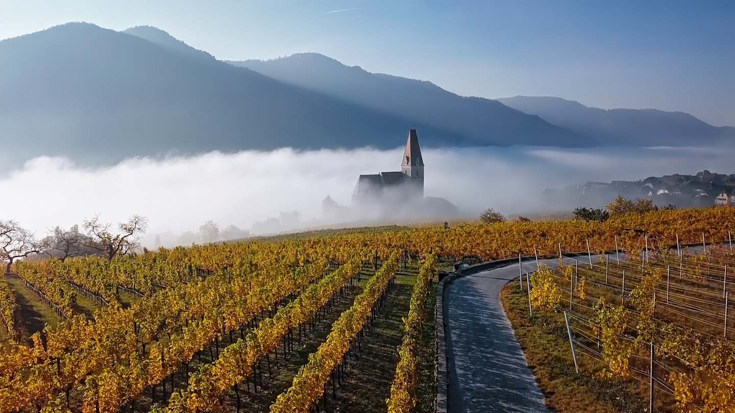 Aerial panorama of Weissenkirchen, Wachau valley, Austria.