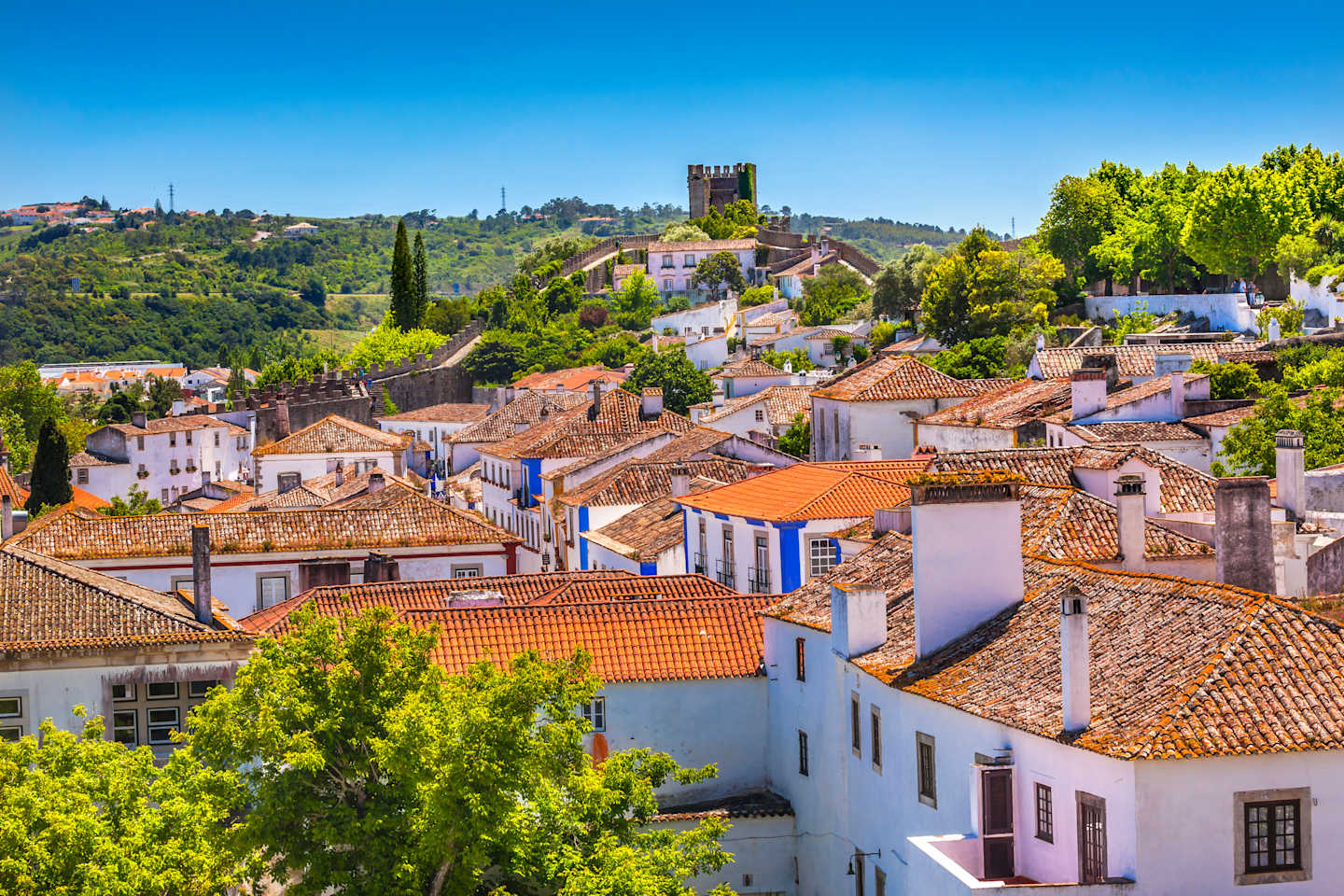 Castle Wals Turrets Towers Medieval Town Obidos Portugal. Castle and walls built in 11th century after town taken from the Moors.